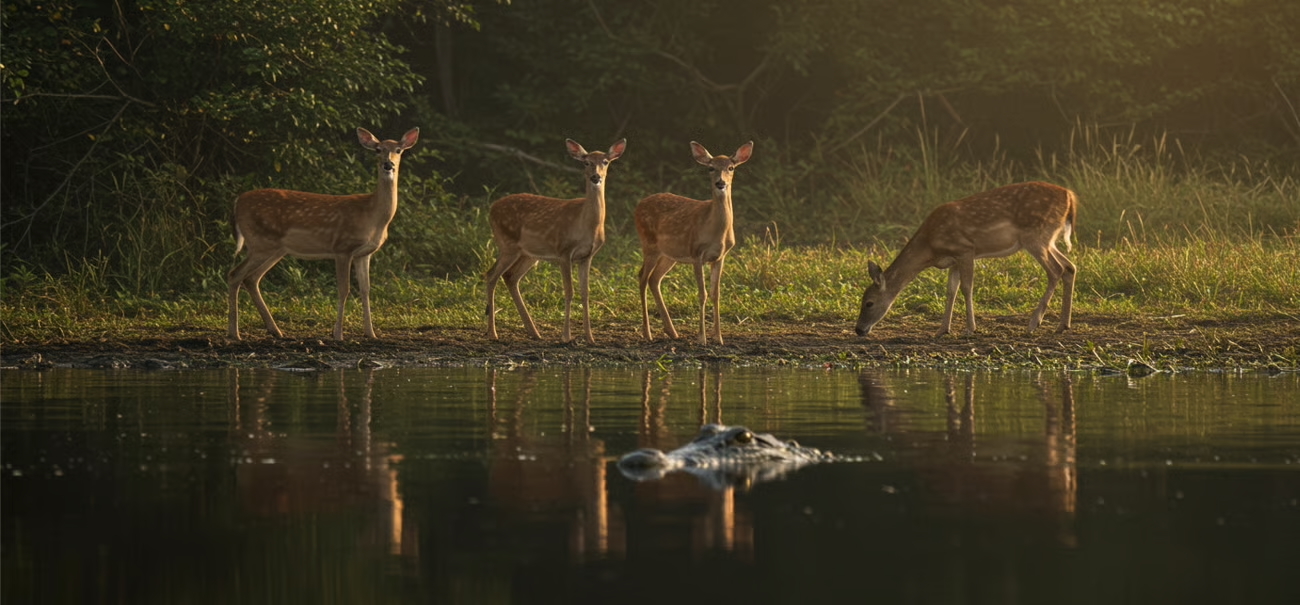 Image of deer drinking at a lake with a crocodile lurking nearby 