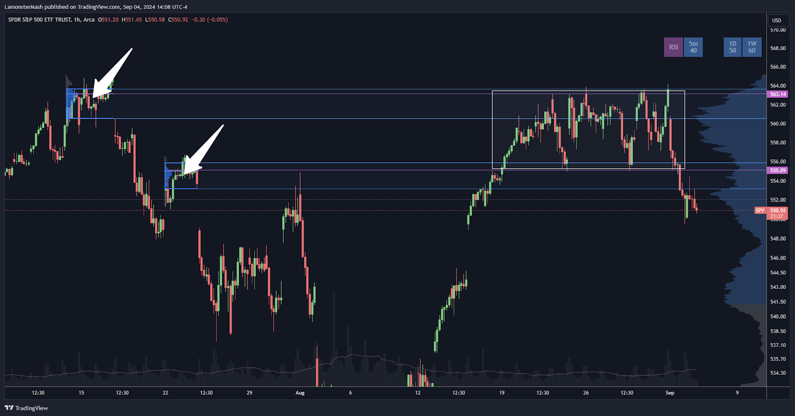 The balance highlighted by the white box is the market trying to resolve the overhead supply marked by the upper arrow and the demand zone marked by the lower arrow.