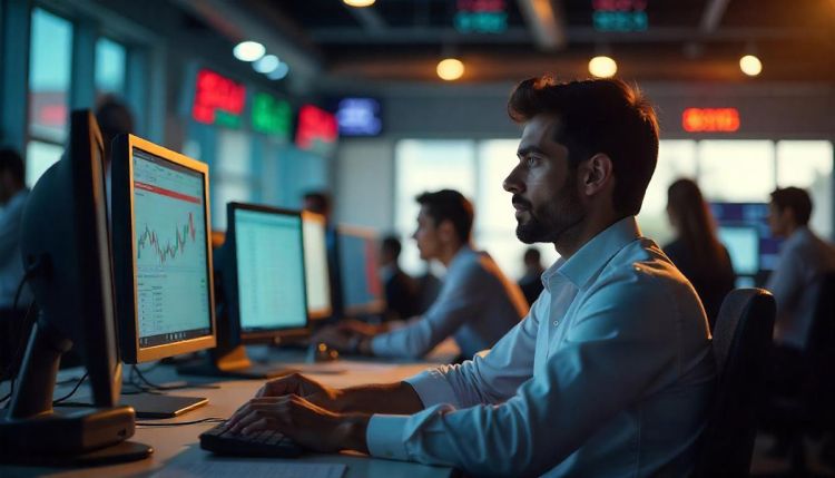 Institutional traders at their workstations